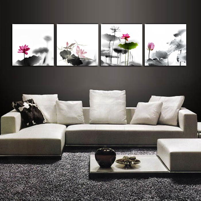 厂家直销档客厅装饰画四联无框水墨风景画 批发布纹膜工艺画