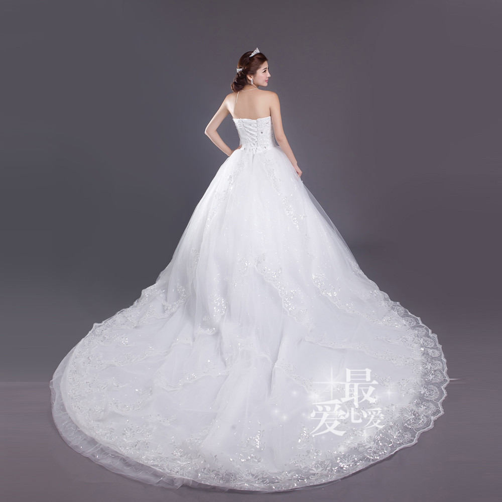 2016年新款 抹胸花边性感拖尾婚纱 韩式甜美优雅公主拖尾婚纱批发