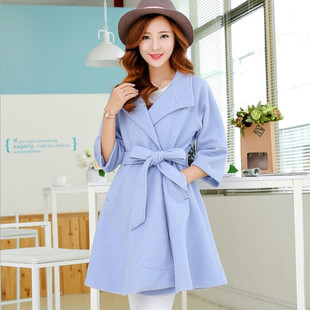 杉杉来了赵丽颖 薛杉杉同款封月同款系带收腰蓝色毛呢子大衣外套