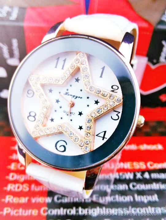 韩版时尚爆款五角星镶钻表盘石英指针女士皮带手表支持代发#8