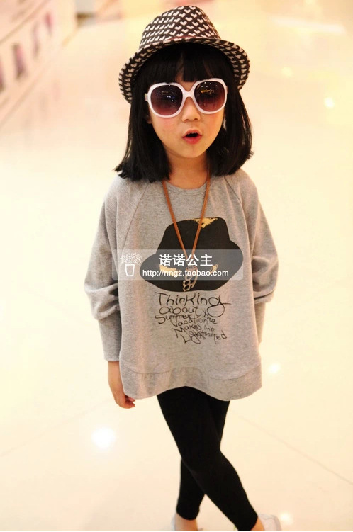 小木马童装 2014秋装女童 胸前小礼帽蝙蝠袖韩版女童长袖打底衫yd