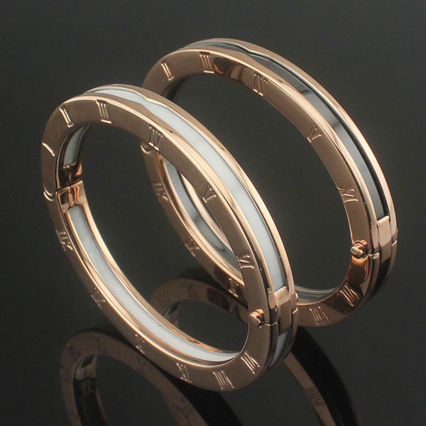 钛钢饰品批发 罗马数字黑白陶瓷手镯 手铐手环 玫瑰金-金色