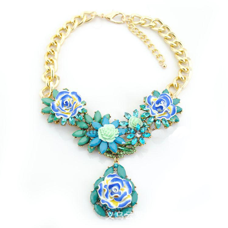 欧美外贸批发 欧美时尚奢华合金七彩水晶宝石花链条项链