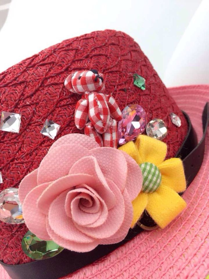 帽子 韩国进口新款优雅淑女花朵儿童草帽 潮女童夏天遮阳帽 水晶装饰