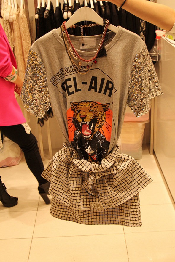 韩国东大门代购圆领字母米奇豹子虎头豹头亮片袖短袖t #8823