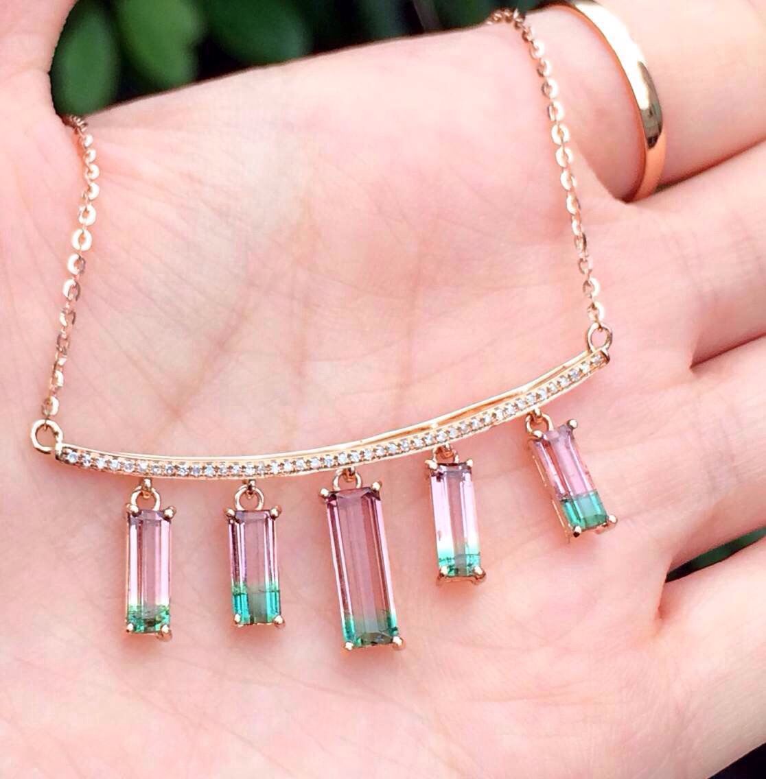 奢华新款 实价18k金精镶真钻 西瓜碧玺 女款彩宝锁骨项链 招代理