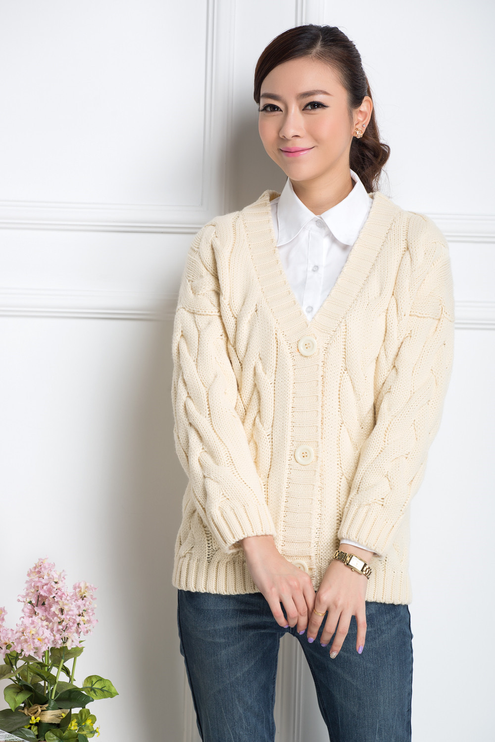 毛衣开衫外套 2014春装新款韩版v领麻花纯色宽松针织开衫女外套图片