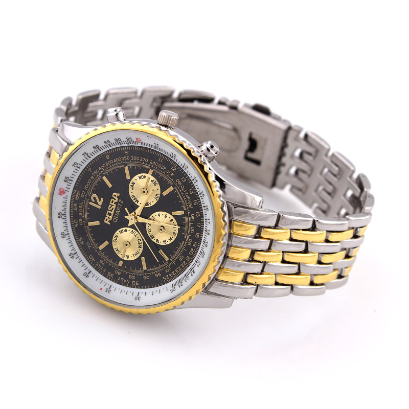 2014新款 rosra男士商务经典奢华假三眼简约时尚钢带石英手表