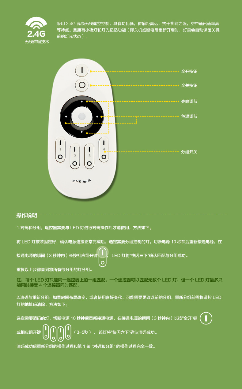 4g无线分组触摸遥控器 wifi led 调光调色温球泡灯 6w