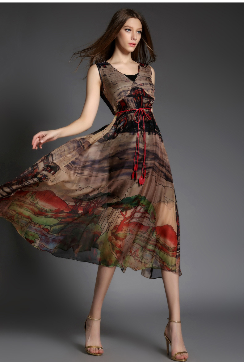 2015夏季新款100%桑蚕丝大摆花色印花飘逸真丝连衣裙长裙