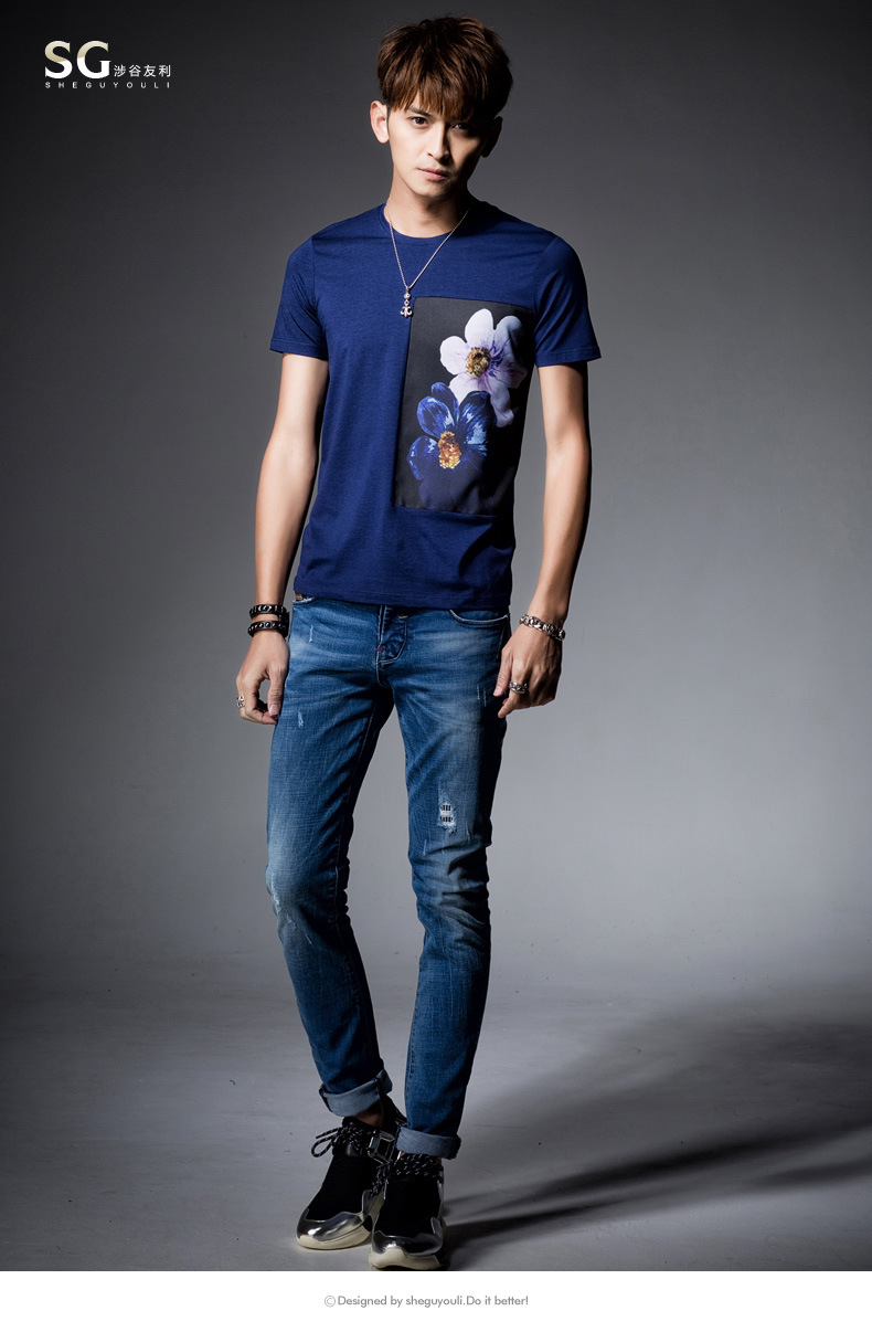 涉谷2015新夏装时尚休闲拼接印花男装韩版修身创意潮男士短袖t恤