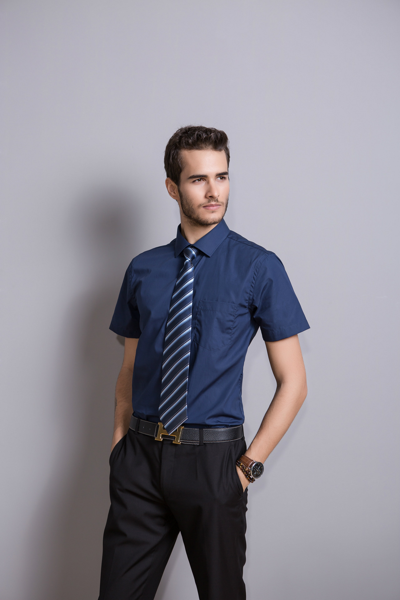 夏季男士短袖衬衫 修身免烫纯色正装衬衫 商务短袖衬衫男装批发