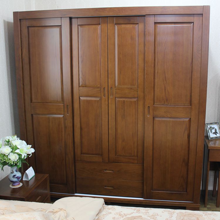 实木衣柜推拉门 红橡木大衣厨四门木质整体衣柜现代中式卧室家具