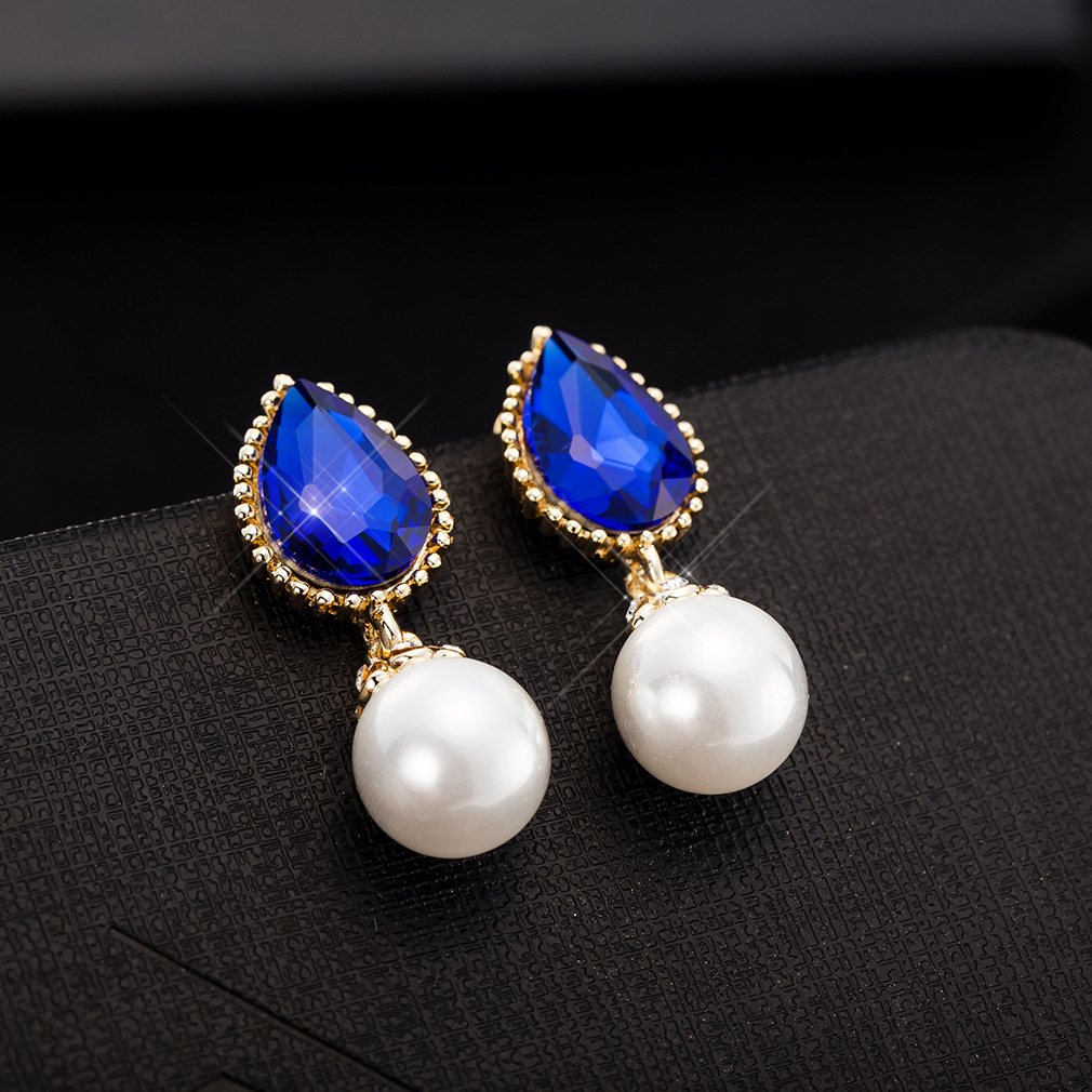 韩版时尚水滴形珍珠宝石耳坠 高质量耳环耳饰 义乌厂家直销速卖通