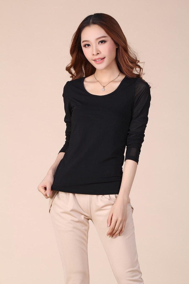 女装新款上衣春秋韩版长袖圆领网纱打底衫黑色大码t恤