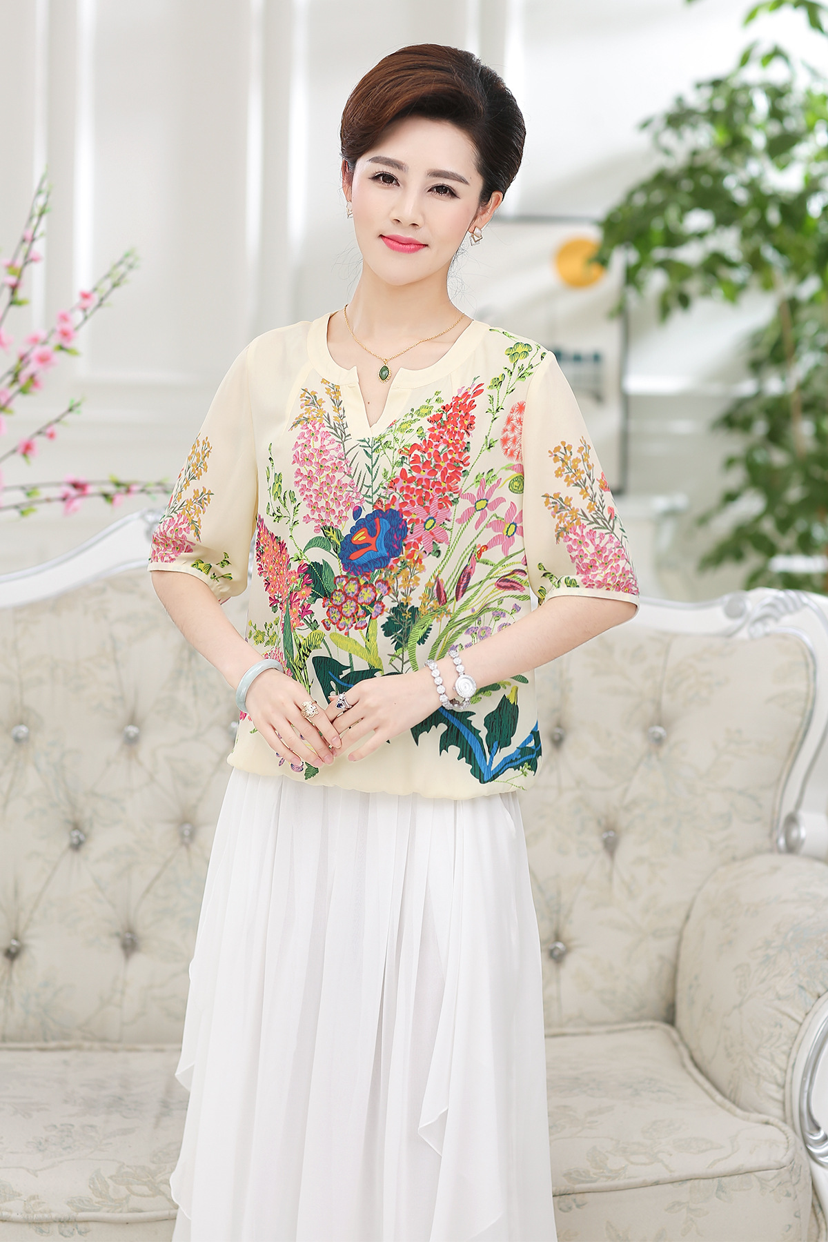 【女式t恤】批发 夏季桑蚕丝印花中袖宽松女装 一件代发 镇厂之宝