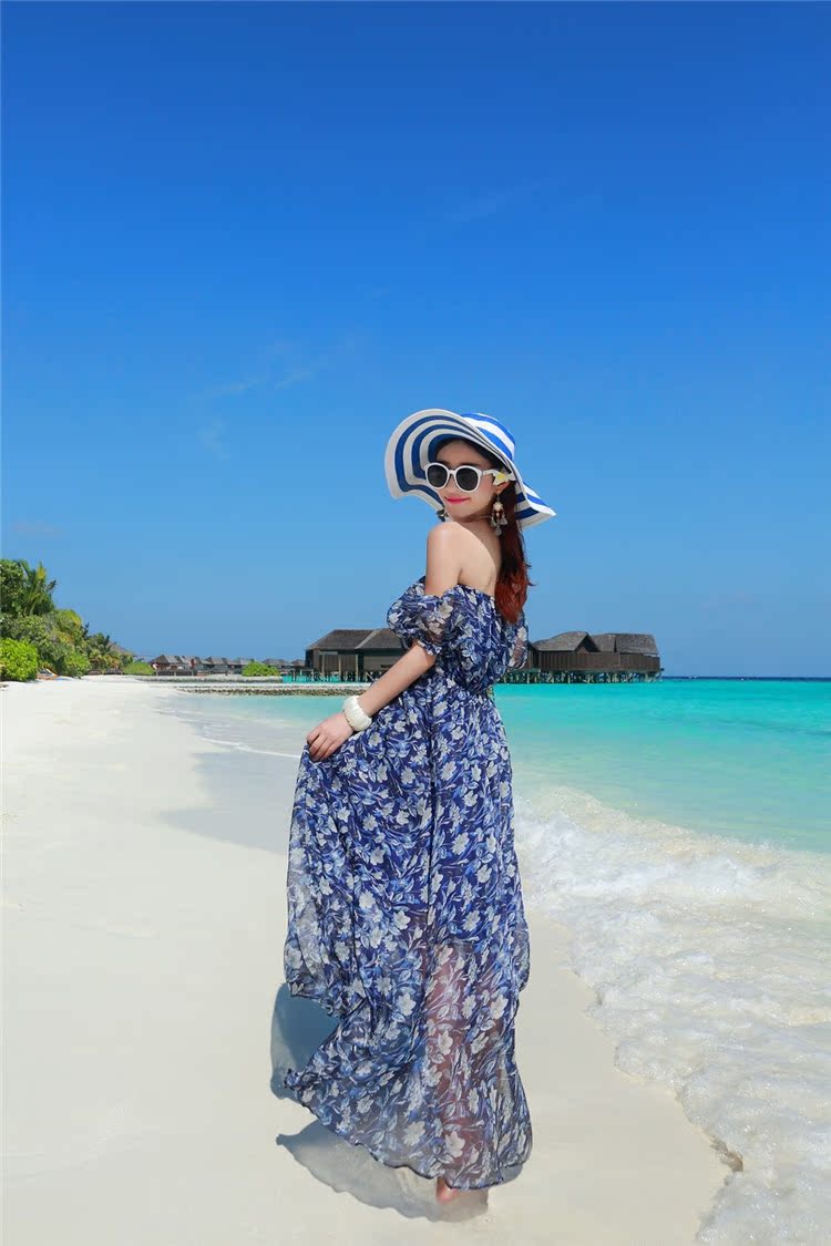 2015夏季新款波西米亚长裙海边度假沙滩裙雪纺一字领连衣裙显瘦女