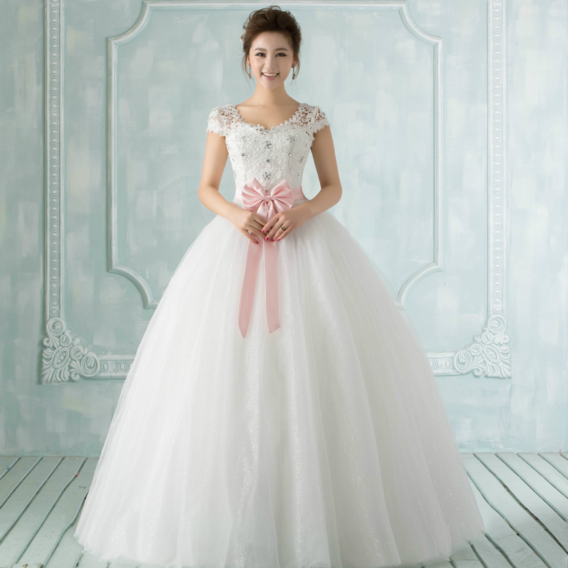 夏季新娘齐地婚纱性感蕾丝韩版一字肩孕妇显瘦大码a字裙2015新款