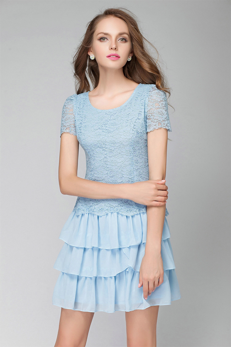 夏季时尚流行蕾丝假两件雪纺修身显瘦大码连衣裙91098
