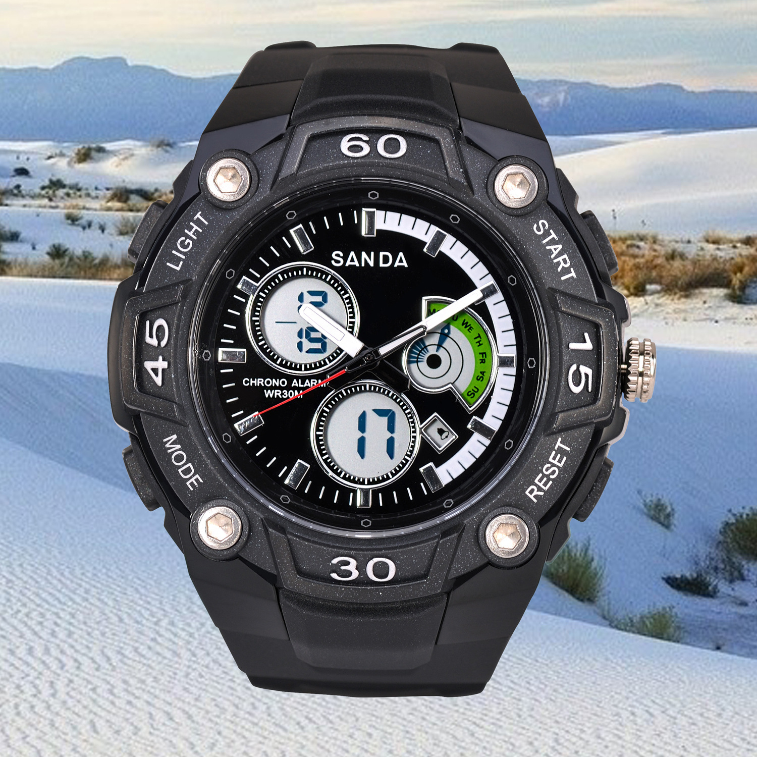 正品三达 时尚户外运动多功能双显电子表 男士三针商务登山防水表