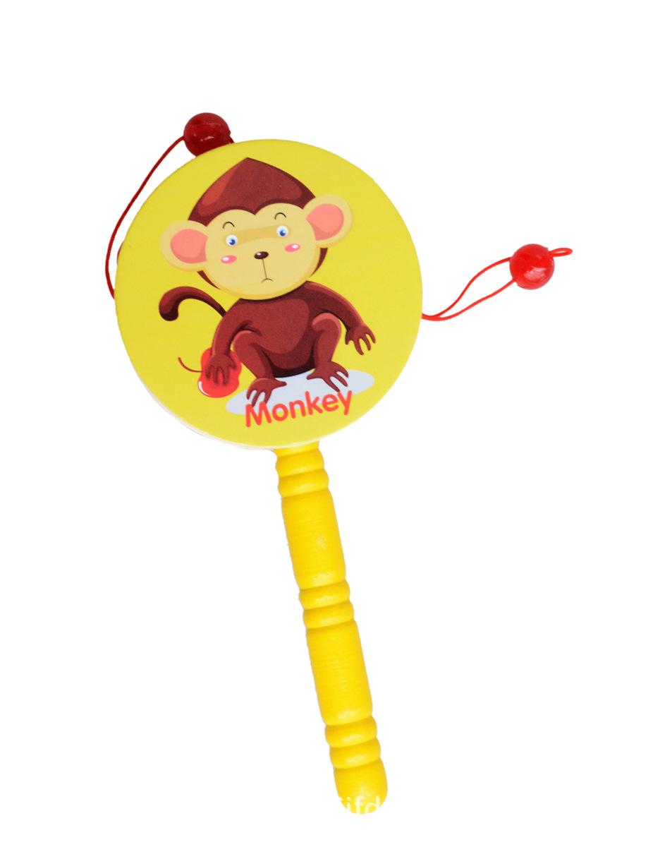 拨浪鼓木质婴儿玩具音乐宝宝摇铃卡通图案手摇鼓智力玩具