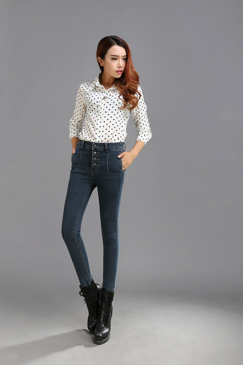 潮大码薄款高腰牛仔裤女学生高弹力收腹排扣夏秋铅笔显瘦小脚长裤