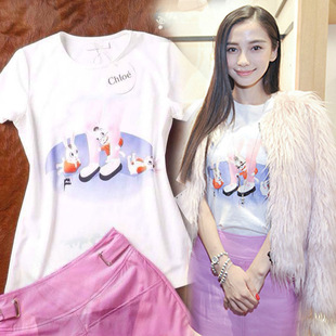angelababy杨颖小兔可爱卡通棉teet恤 粉色半身短裙 套装 批发