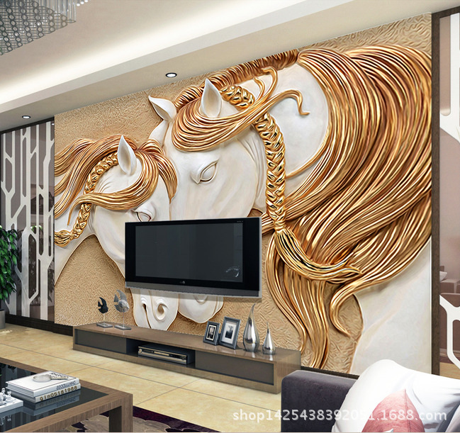 大型壁画 无缝3d浮雕骏马电视背景墙纸 温馨客厅沙发欧式马头墙布