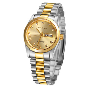 星豪商务男表精钢防水复古休闲石英表双日历间金手表男士超薄腕表