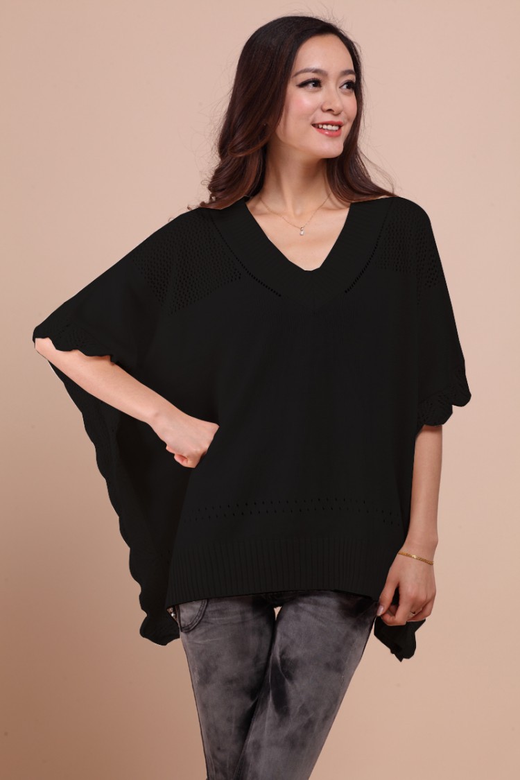 新款女士阿卡v领披肩荷叶边宽松针织绒衫蝙蝠衫正品一件代发批发