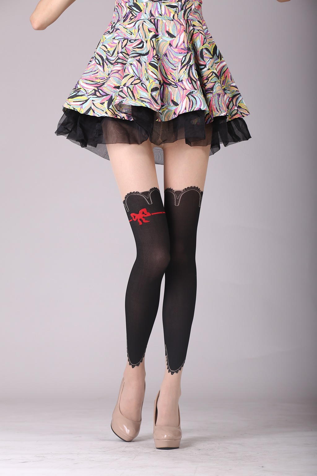 sf诗丰春秋季女款防勾丝拼接提花中厚丝袜百搭假高筒蝴蝶结连裤袜