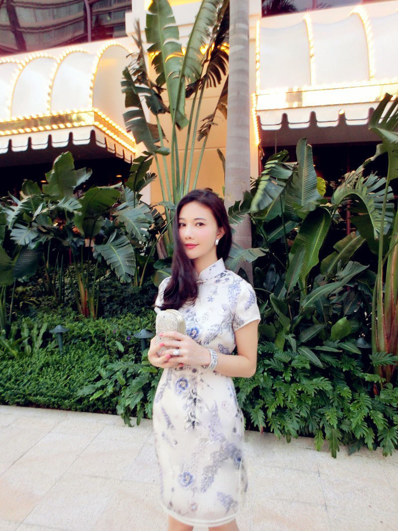 春夏季女装欧洲站爆款刘钰懿 呛口小辣椒蓝色印花真丝欧根纱旗袍