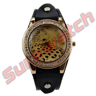 供应手表 时尚镶钻金钱豹仿皮表带 石英手表 批发手表(mg01171)