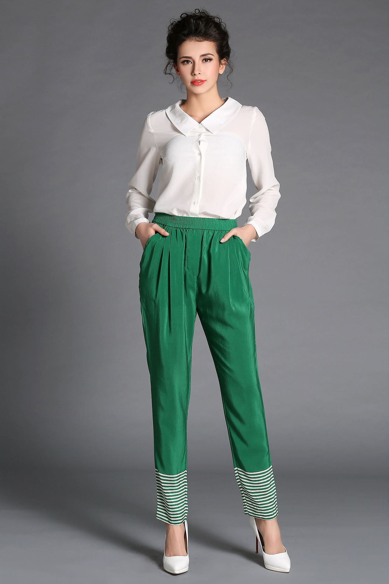 欧美 女装 时尚真丝 条纹宽松休闲裤