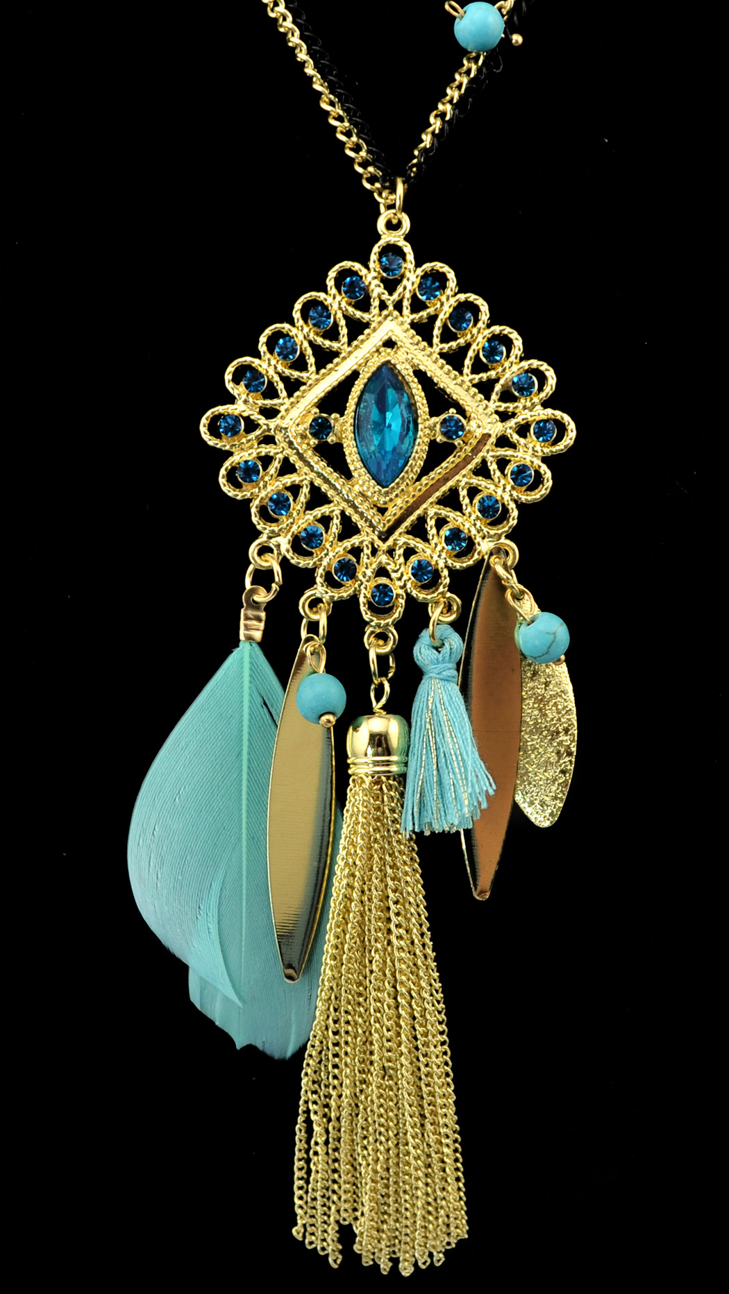 2015新款 欧美时尚波西米亚风格镀金多层流苏水晶钥匙羽毛项链