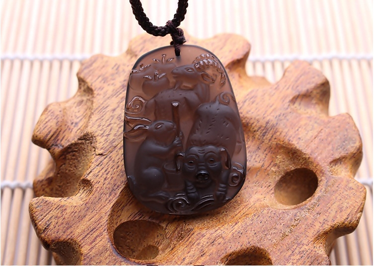 开光宋韶光天然冰种黑曜石十二生肖羊三合吊坠辟邪招财送证书