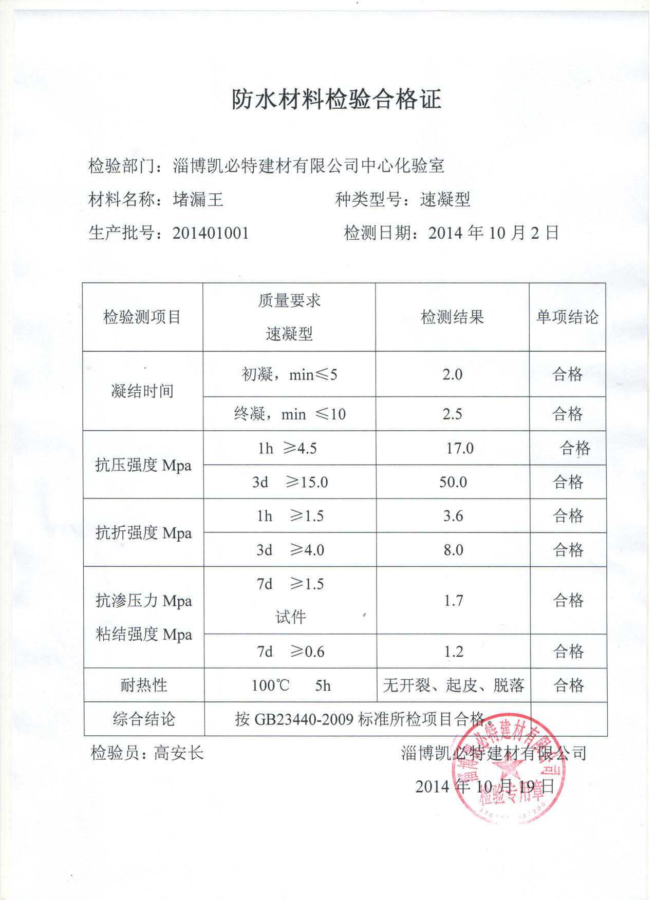 堵漏王检测报告
