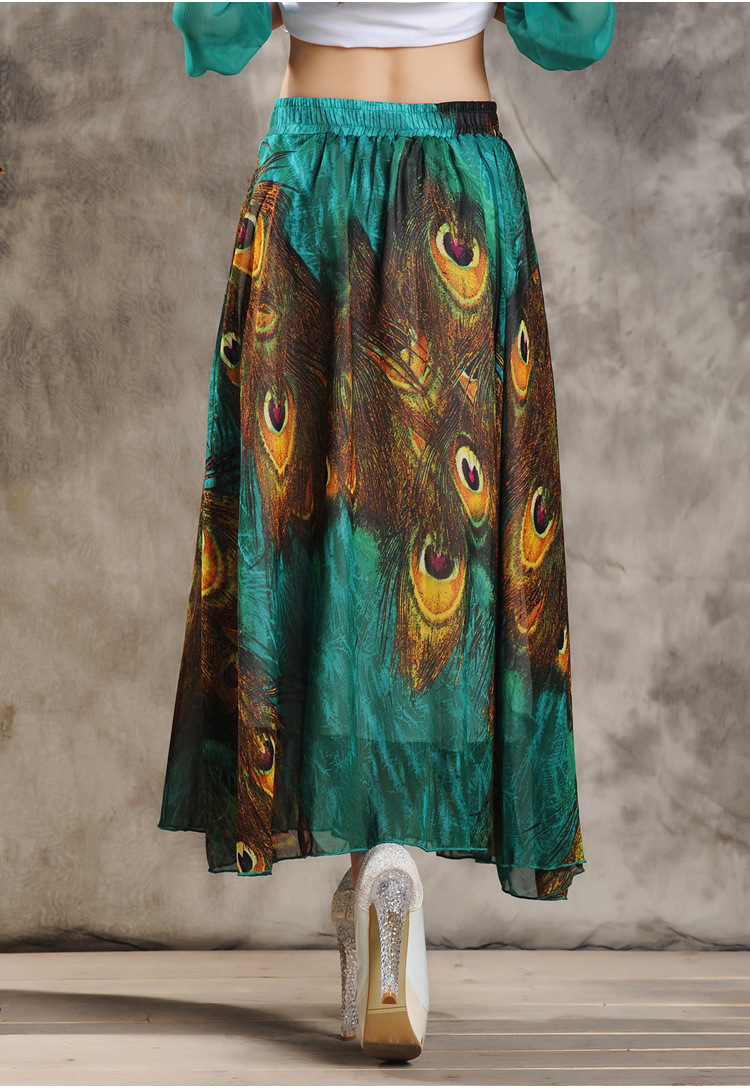 民族风春夏款2015女装孔雀羽毛印花雪纺大摆裙半身裙t9