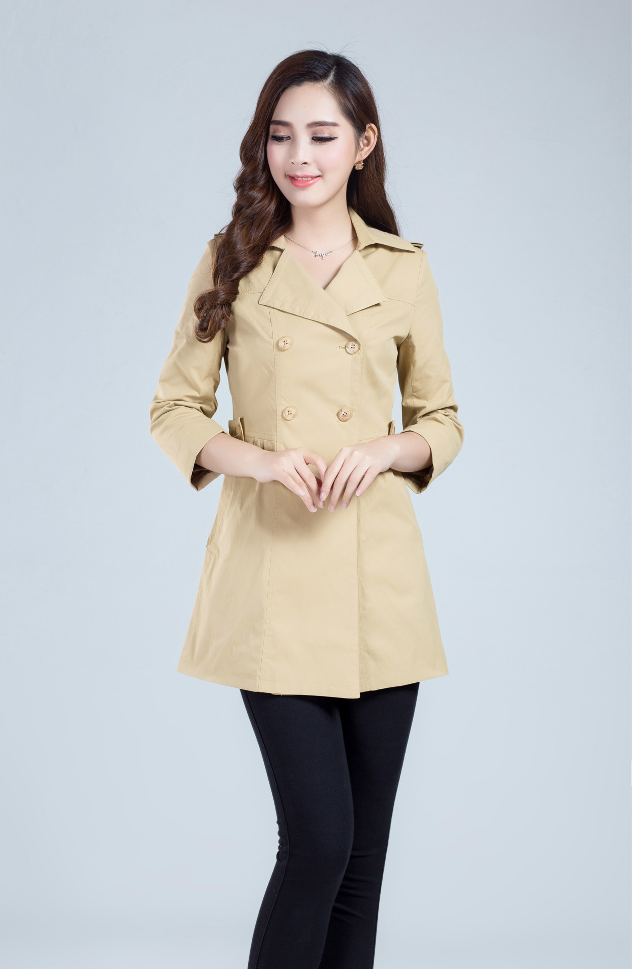 2015新款韩版大码双排扣风衣女 品牌时尚显瘦收腰中长款女装