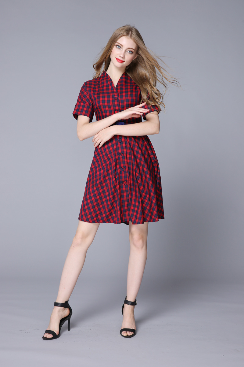 2015夏季新款裙 欧洲站高端大牌修身显瘦短袖大摆格子连衣裙女