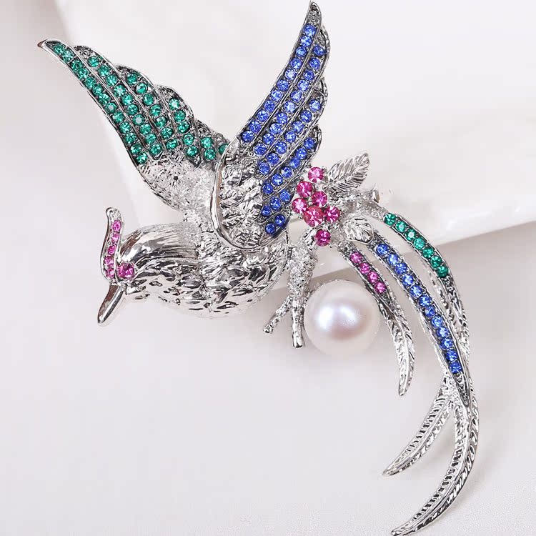 青岛饰品批发 高端韩国火凤凰镶钻天然珍珠胸针吊坠两用