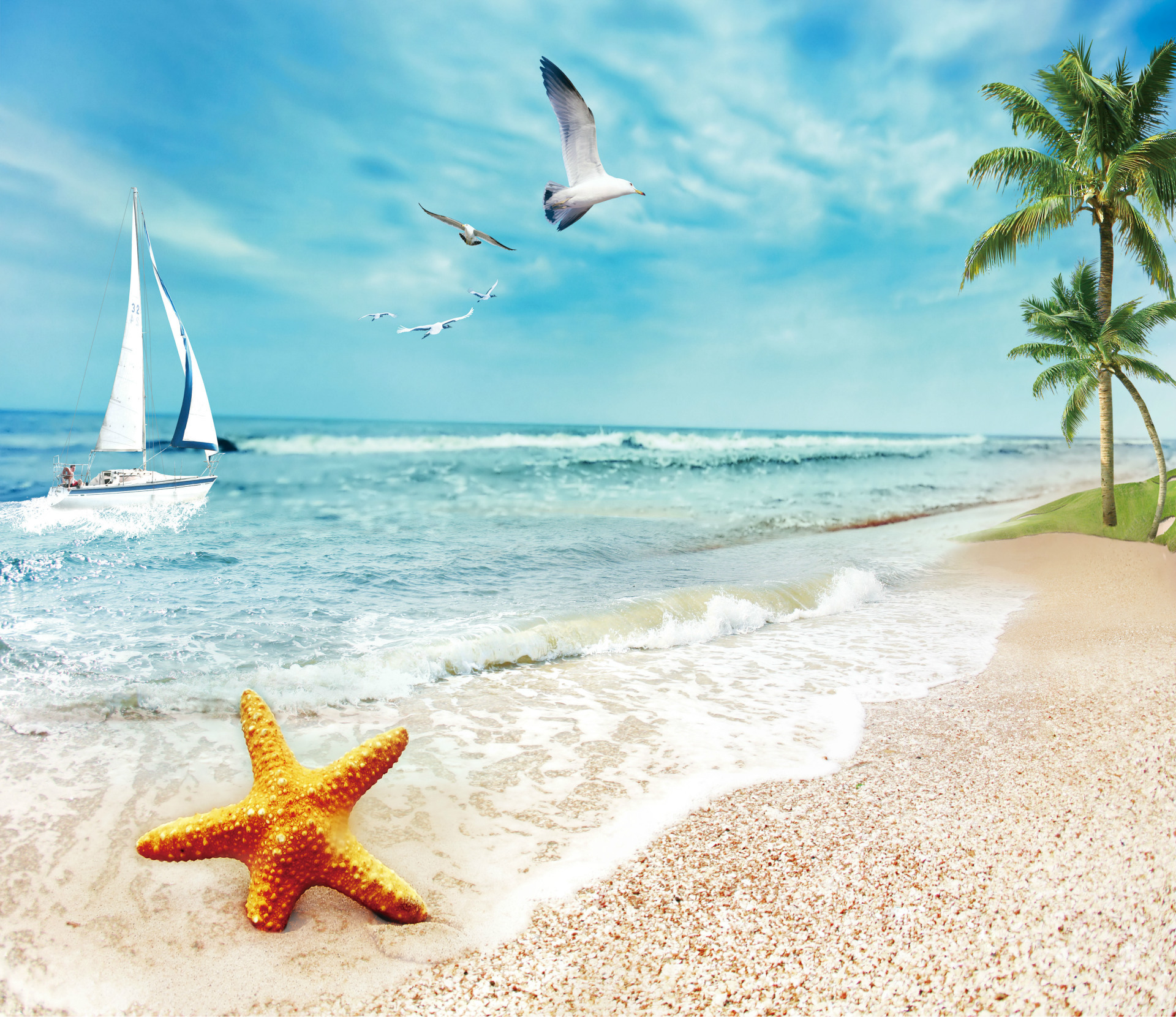 大型壁画电视背景墙纸壁纸 地中海式 贝壳海滩 卧室 客厅壁画