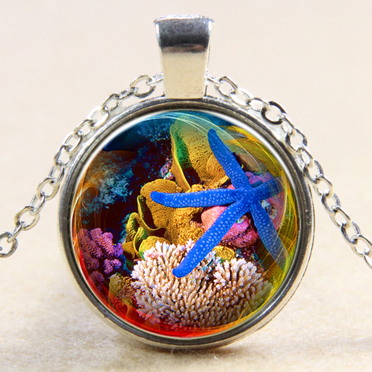海底世界蓝色海星 时光宝石吊坠项链 速卖通ebay 外贸新款 b109
