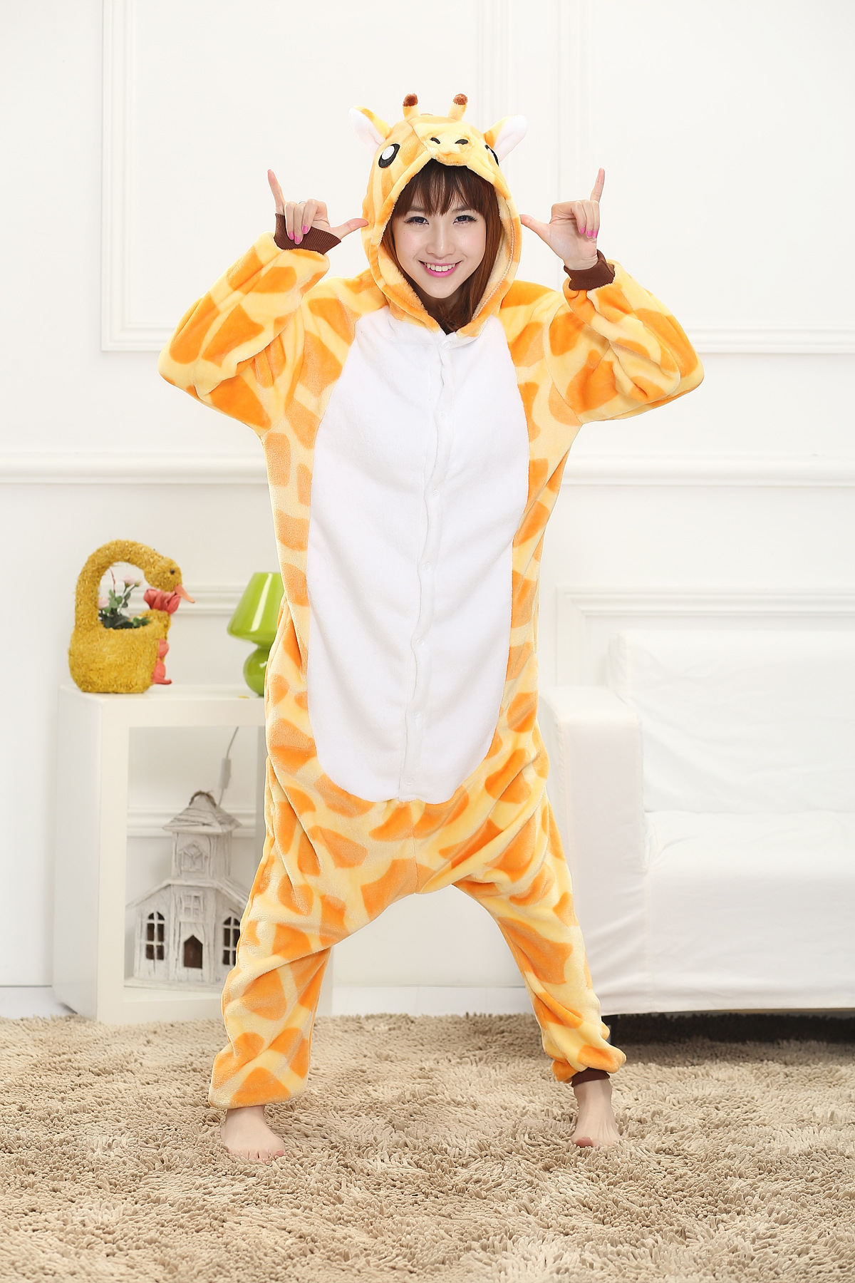 斑点长颈鹿兰绒动物卡通连体睡衣情侣家居服秋冬天睡衣批发