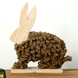 厂家直销田园纯手工创意礼品木质工艺品麻绳兔子摆件家居客厅摆设