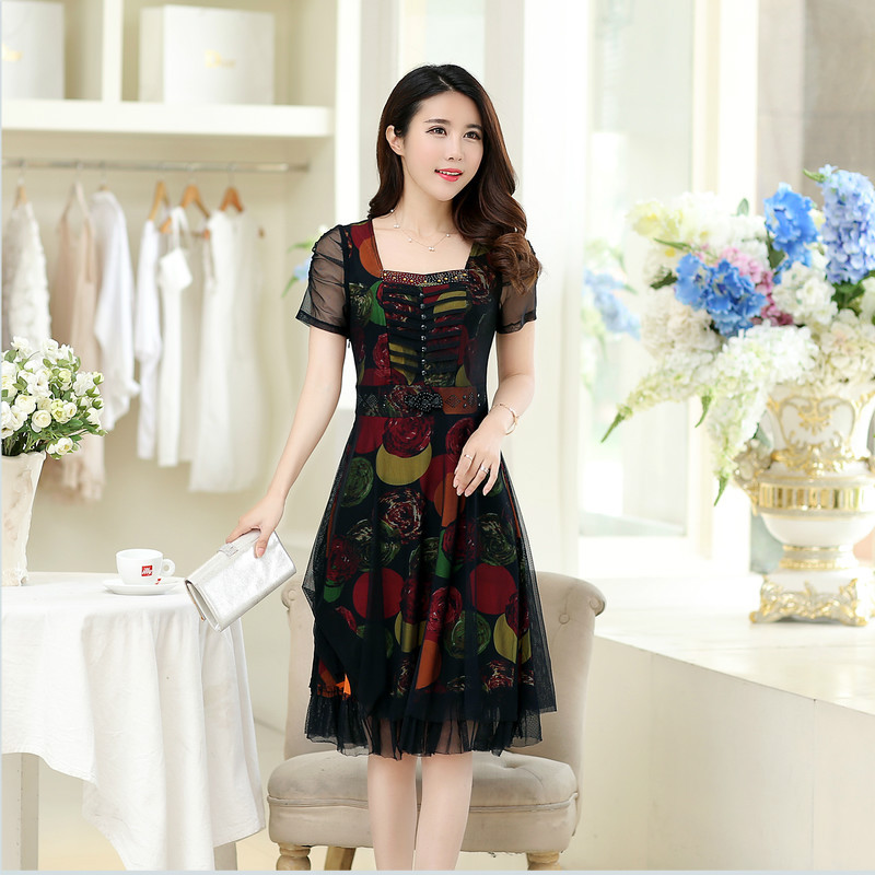 哥弟连衣裙女装正品15夏装新款高档大码韩国南韩丝短袖中年连衣裙