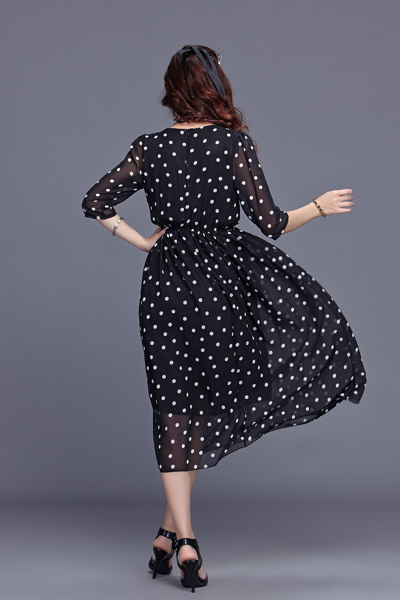 2015夏季新款欧美品牌女装波点修身雪纺连衣裙中袖大摆沙滩裙长裙