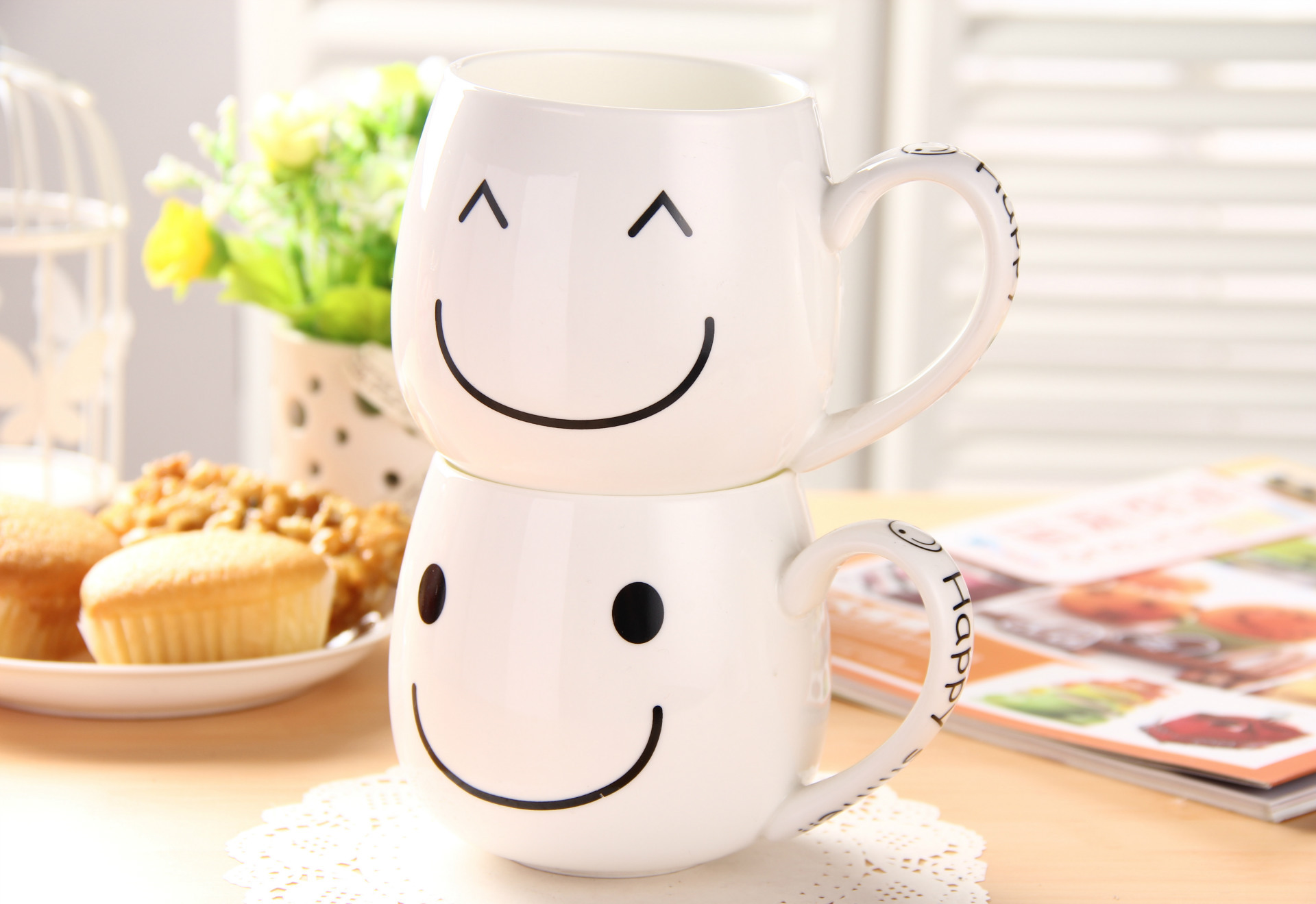丰銮~笑脸咖啡杯 可爱铅笔画 陶瓷水杯 批发