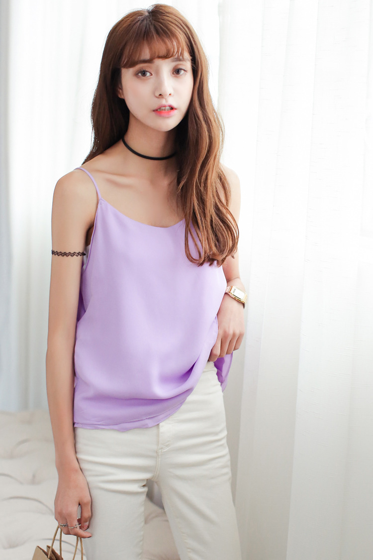 2015韩国夏装新款甜美清新三层雪纺背心小吊带女糖果色打底吊带衫