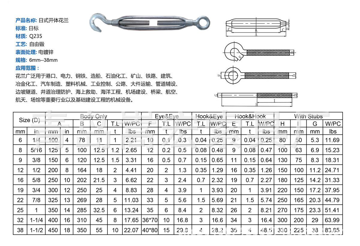 批发供应电镀锌钩环型花兰螺丝 原色日式开体花兰 即墨索具花兰  规格